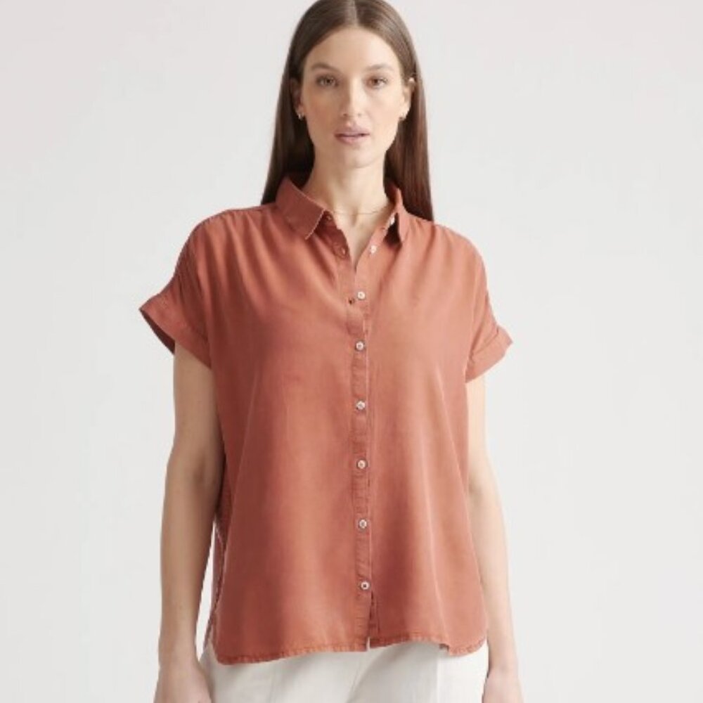 Quince Vintage Wash Tencel Camp Shirt Brown M - Picture 2 of 3